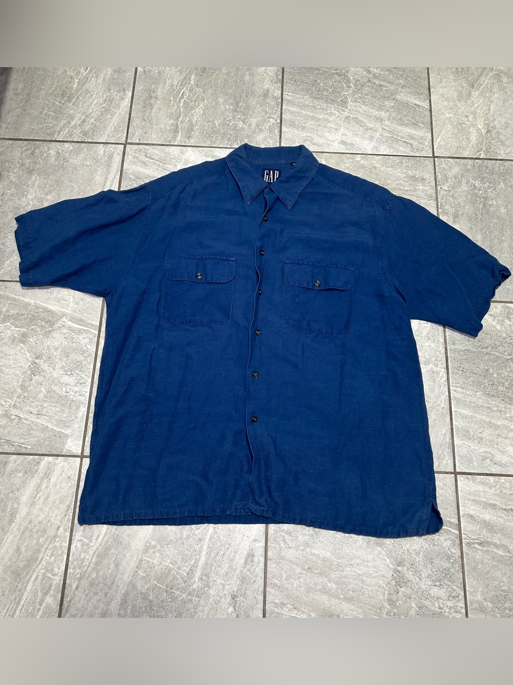 Vintage 90s GAP Linen Short Sleeve Button Up Shirt Navy Blue Men’s XL